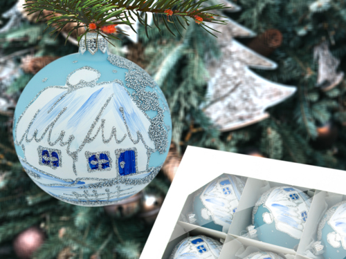 Bombki chatki na niebieskim -  80 mm  bombki choinkowe szklane 6 szt