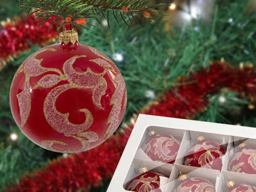 Bombki listki na czerwonej porcelanie -  80 mm