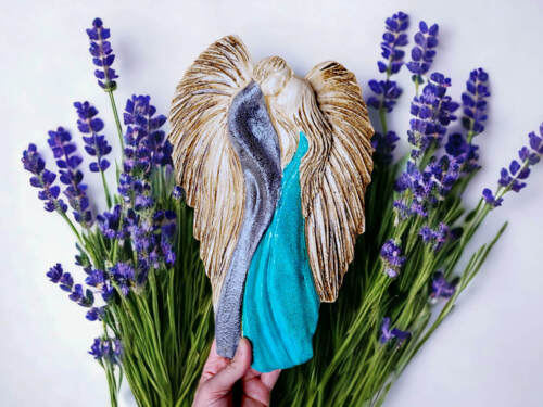 Zakochane Anioły - wiszące szaro turkusowe -  35 x 21 cm figurka dekoracyjna gipsowa