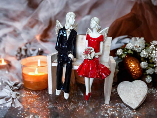 Anioły Para - czarno czerwone -  20 x 9 cm figurki dekoracyjne gipsowe