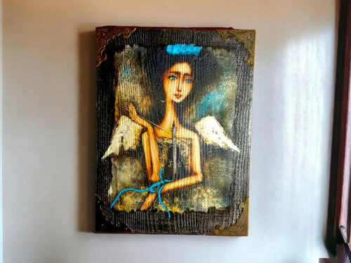 Anioł Wiolina - obraz na desce -  22.5 x 29.5 cm