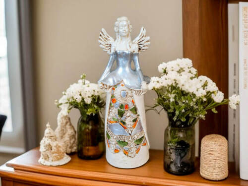 Anioł Anna - srebrny -  35 x 15 cm figurka dekoracyjna gipsowa