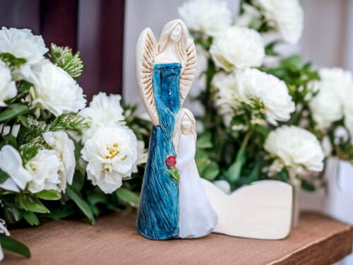 Anioł Hannah & Evelyn - turkus biały -  32 x 15 cm figurka dekoracyjna gipsowa