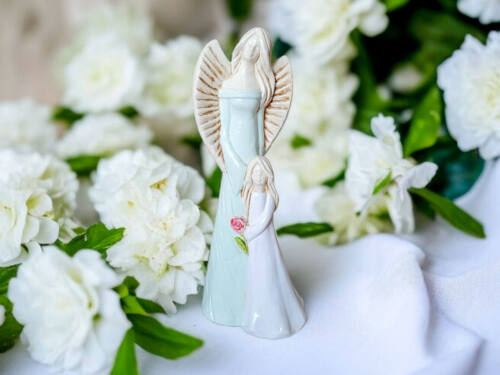 Anioł Hannah & Evelyn - seledyn biały -  32 x 15 cm figurka dekoracyjna gipsowa