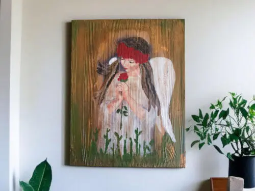 Anioł z Różą - obraz na desce -  22.5 x 29.5 cm