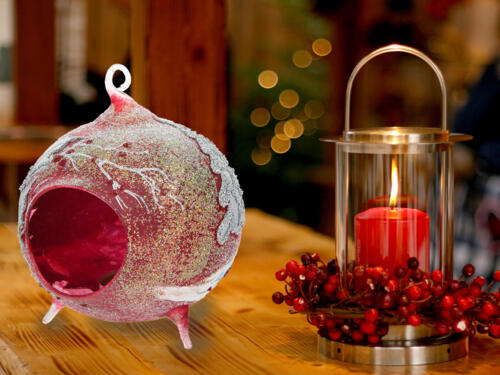 Bombka kominek lampion - czerwona tealight -  120 mm bombka choinkowa szklana 1 szt