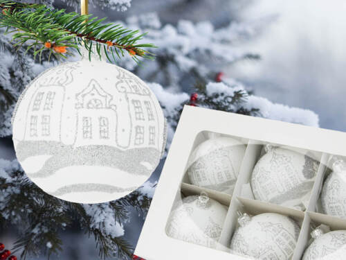 Srebrne chatki na kredzie - brokat -  80 mm  bombki choinkowe szklane 6 szt