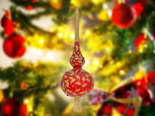 Szpic choinkowy czerwony złote listki -  32 cm bombka choinkowa szklana 1 szt