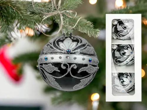 Bombki Królewskie srebrne na czarnej porcelanie -  80 mm 3 szt