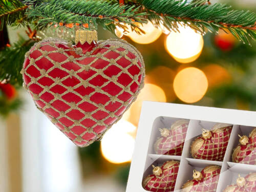 Bombki serca czerwono złote -  8 x 7 cm bombki choinkowe szklane 6 szt