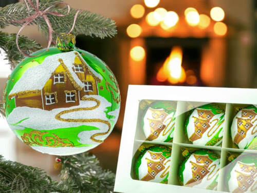 Złote chatki zielony błysku -  100 mm bombki choinkowe szklane 6 szt