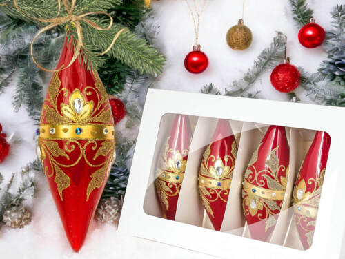 Sople Królewskie złote na czerwonej porcelanie -  180 mm bombki choinkowe szklane 4 szt