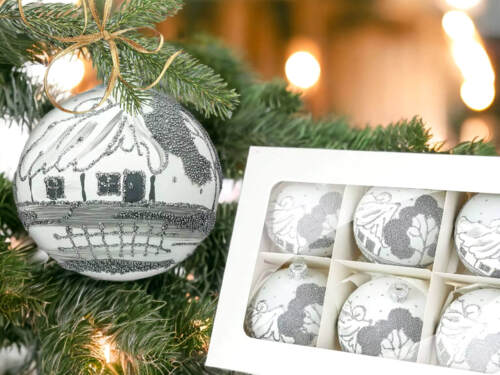 Bombki srebrne chatki na białej kredzie -  100 mm bombki choinkowe szklane 6 szt