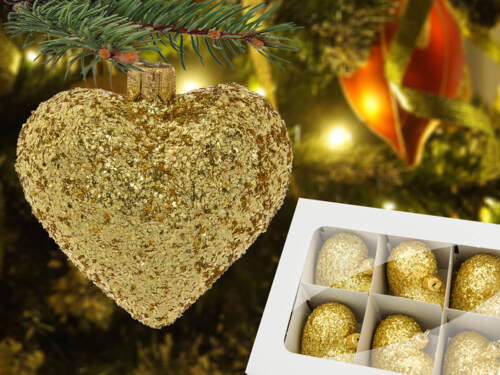 Bombka serce złoty brokat -  8 x 7 cm bombki choinkowe szklane 1 szt
