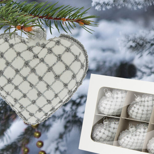 Bombki serca biało srebrne -  8 x 7 cm bombki choinkowe szklane 6 szt