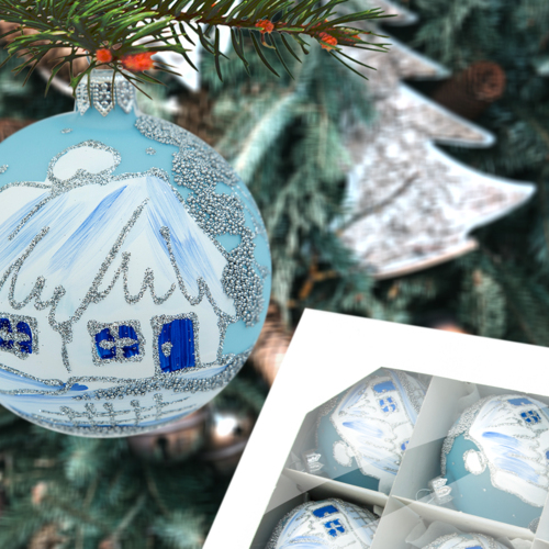 Bombki chatki na niebieskim -  80 mm  bombki choinkowe szklane 6 szt