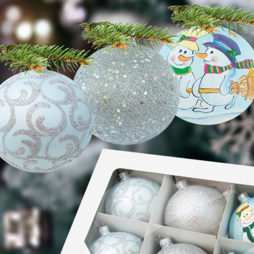 Bombki bałwanki esy błękitny mix -  100 mm bombki choinkowe szklane 6 szt