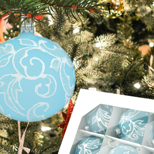 Bombki białe listki na niebieskim -  80 mm  bombki choinkowe szklane 6 szt