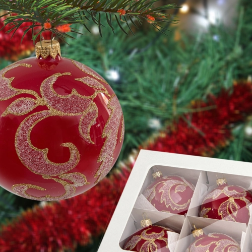 Bombki listki na czerwonej porcelanie -  80 mm