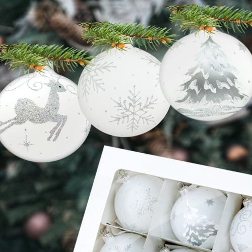 Bombki srebrne jelonki śnieg biały  mix -  100 mm bombki choinkowe szklane