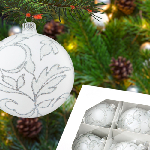 Bombki srebrne listki na białym -  80 mm  bombki choinkowe szklane 6 szt