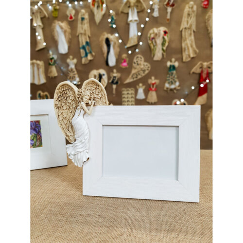 Anioł Andrea + Ramka - biały lewy -  19 x 11 cm figurka dekoracyjna gipsowa