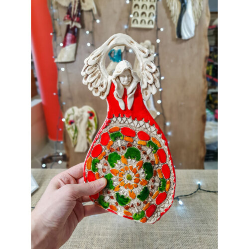 Anioł Obfitości - czerwony zielony -  31 x 16 cm figurka dekoracyjna gipsowa