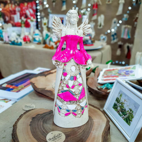 Anioł Anna - różowy -  35 x 15 cm figurka dekoracyjna gipsowa