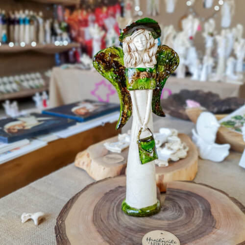 Anioł Coco - zielony ciemny -  30 x 14 cm figurka dekoracyjna gipsowa