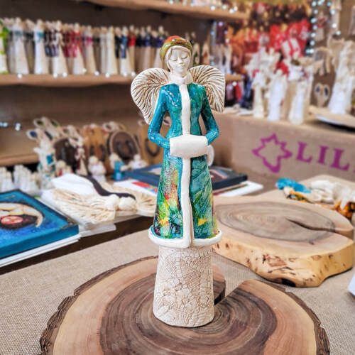 Anioł Gia Art Leaf - turkus -  30 x 14 cm figurka dekoracyjna gipsowa