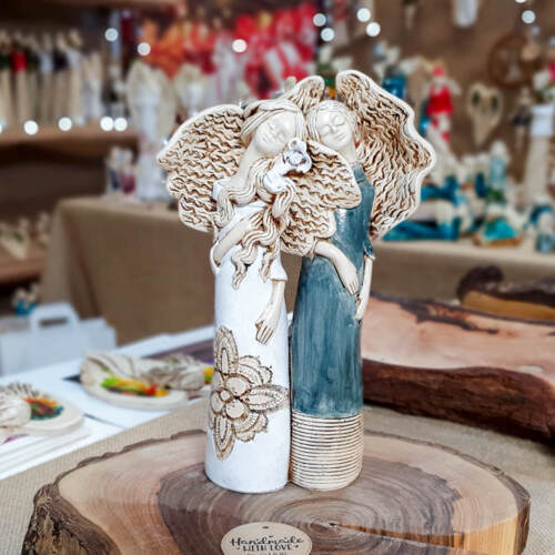 Anioł Nora & Ellie - biało szare -  27 x 14 cm figurka dekoracyjna gipsowa