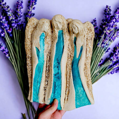 Anioły Wiara Nadzieja Miłość - turkus  -  28 x 20 cm figurka dekoracyjna gipsowa