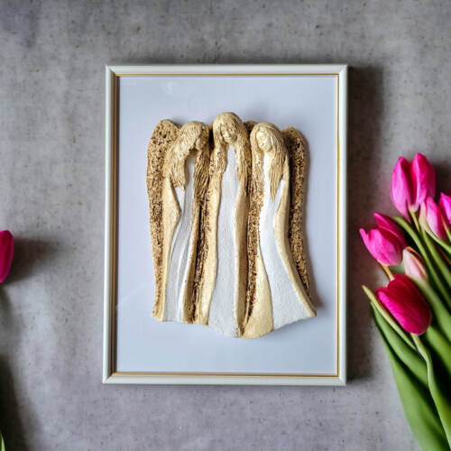 Anioły Wiara Nadzieja Miłość + ramka - białe -  28 x 20 cm figurka dekoracyjna gipsowa