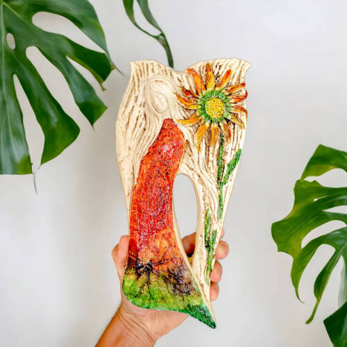 Anioł Xenylla Art Leaf- pomarańcz -  figurka dekoracyjna gipsowa 31 x 16 cm