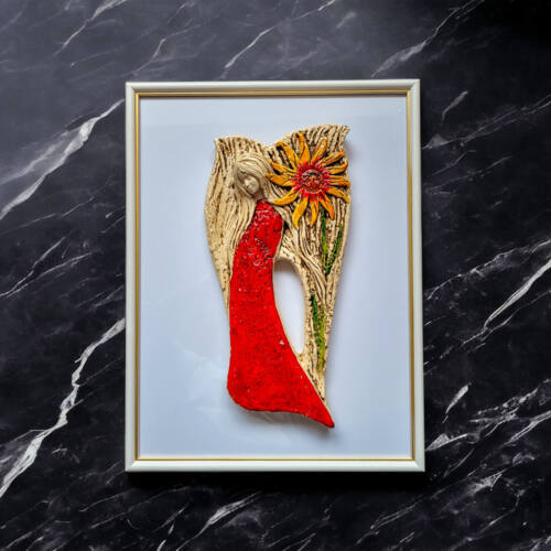Anioł Xenylla + ramka - czerwony -  figurka dekoracyjna gipsowa 31 x 16 cm