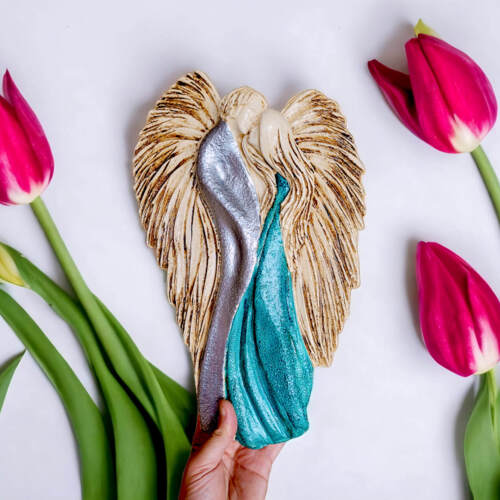 Zakochane Anioły - wiszące srebrno turkusowe -  35 x 21 cm figurka dekoracyjna gipsowa