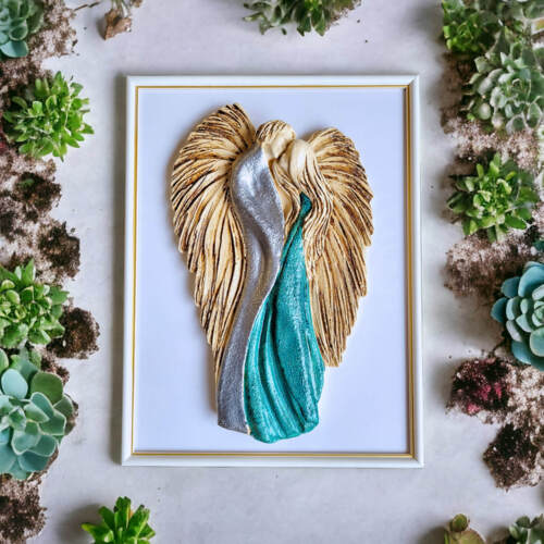 Zakochane Anioły + ramka - wiszące srebrno turkusowe -  35 x 21 cm figurka dekoracyjna gipsowa