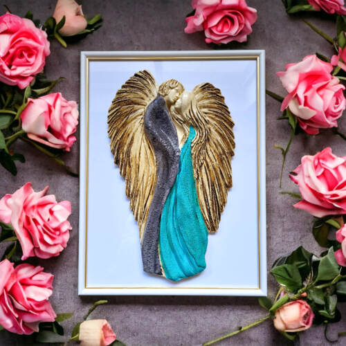 Zakochane Anioły + ramka - wiszące szaro turkusowe -  35 x 21 cm figurka dekoracyjna gipsowa