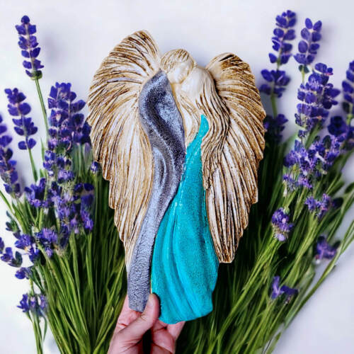 Zakochane Anioły - wiszące szaro turkusowe -  35 x 21 cm figurka dekoracyjna gipsowa