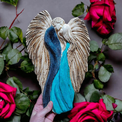 Zakochane Anioły - wiszące granatowo turkusowe -  35 x 21 cm figurka dekoracyjna gipsowa