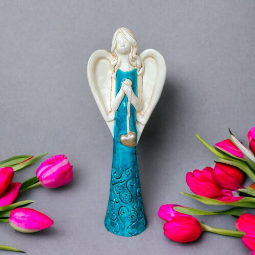 Anioł z Sercem - turkus -  35 x 15 cm figurka dekoracyjna gipsowa