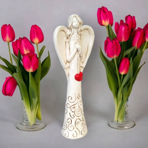 Anioł z Sercem - beżowy -  35 x 15 cm figurka dekoracyjna gipsowa