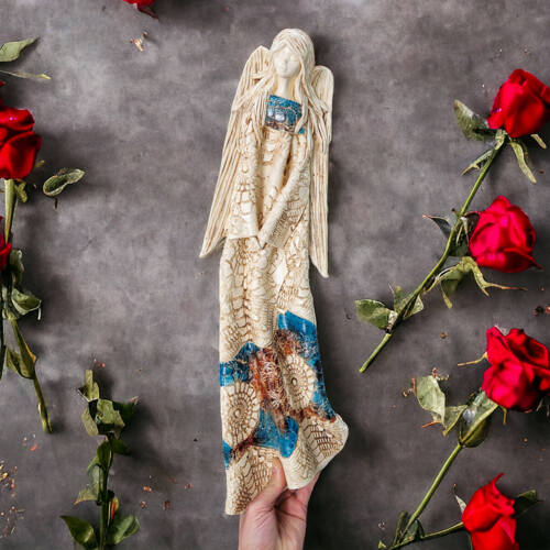 Anioł Genesis - wiszący turkus brąz -  55 x 20 cm figurka dekoracyjna gipsowa