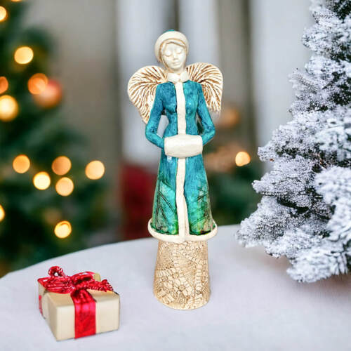 Anioł Gia Art Leaf - turkus -  30 x 14 cm figurka dekoracyjna gipsowa