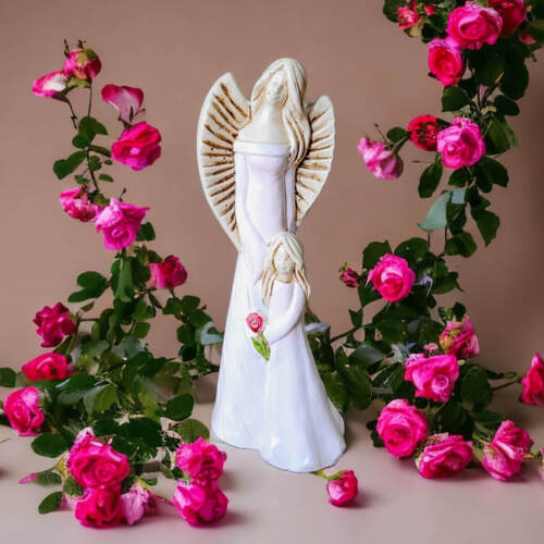 Anioł Hannah & Evelyn - różowy biały -  32 x 15 cm figurka dekoracyjna gipsowa