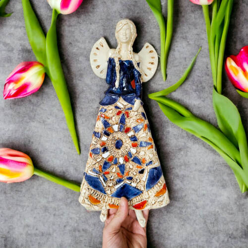 Anioł Heather - granat pomarańcz -  35 x 15 cm figurka dekoracyjna gipsowa