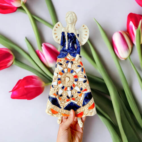 Anioł Heather - granat biały pomarańcz -  35 x 15 cm figurka dekoracyjna gipsowa