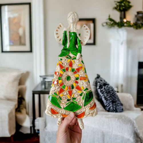 Anioł Heather - zielony pomarańcz -  35 x 15 cm figurka dekoracyjna gipsowa