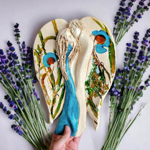 Kochające Anioły - wiszące turkus beż -  35 x 21 cm figurka dekoracyjna gipsowa