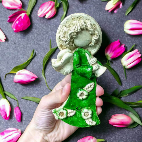 Liolinka z fletem  - zielony -  16 x 7 cm figurka dekoracyjna gipsowa